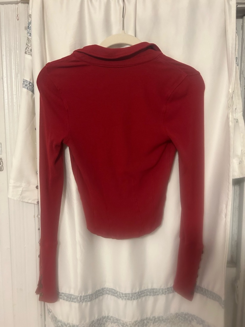 Free People Ribbed Button-Front Long-Sleeve Top in Deep Red - Picture 5 of 5